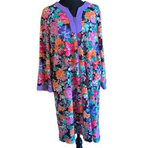 Miss Elaine Med Housecoat Floral Cotton Knit Zip House Coat Duster Kaftan NWT